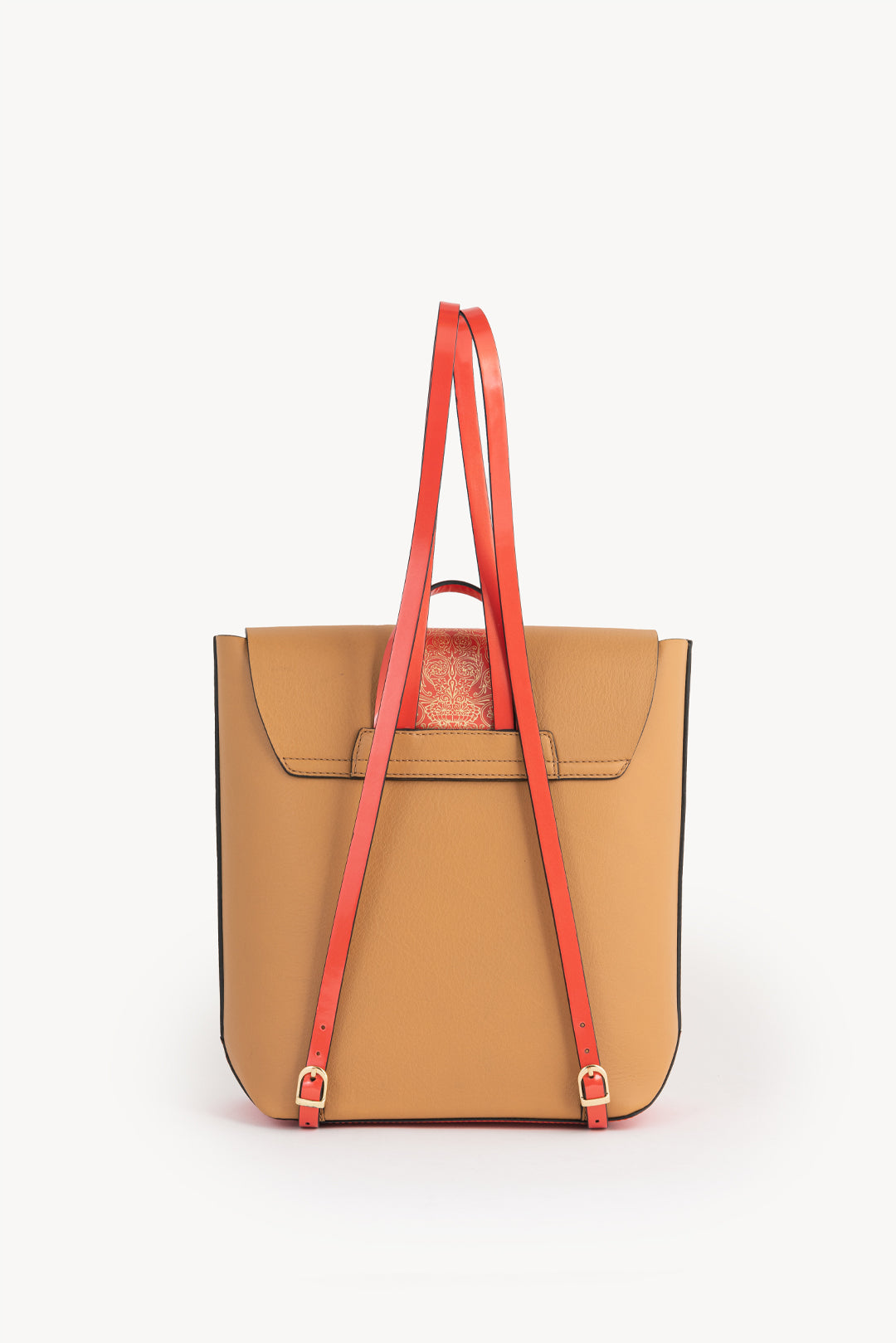 Backpack in leather with flap - Beige and Orange