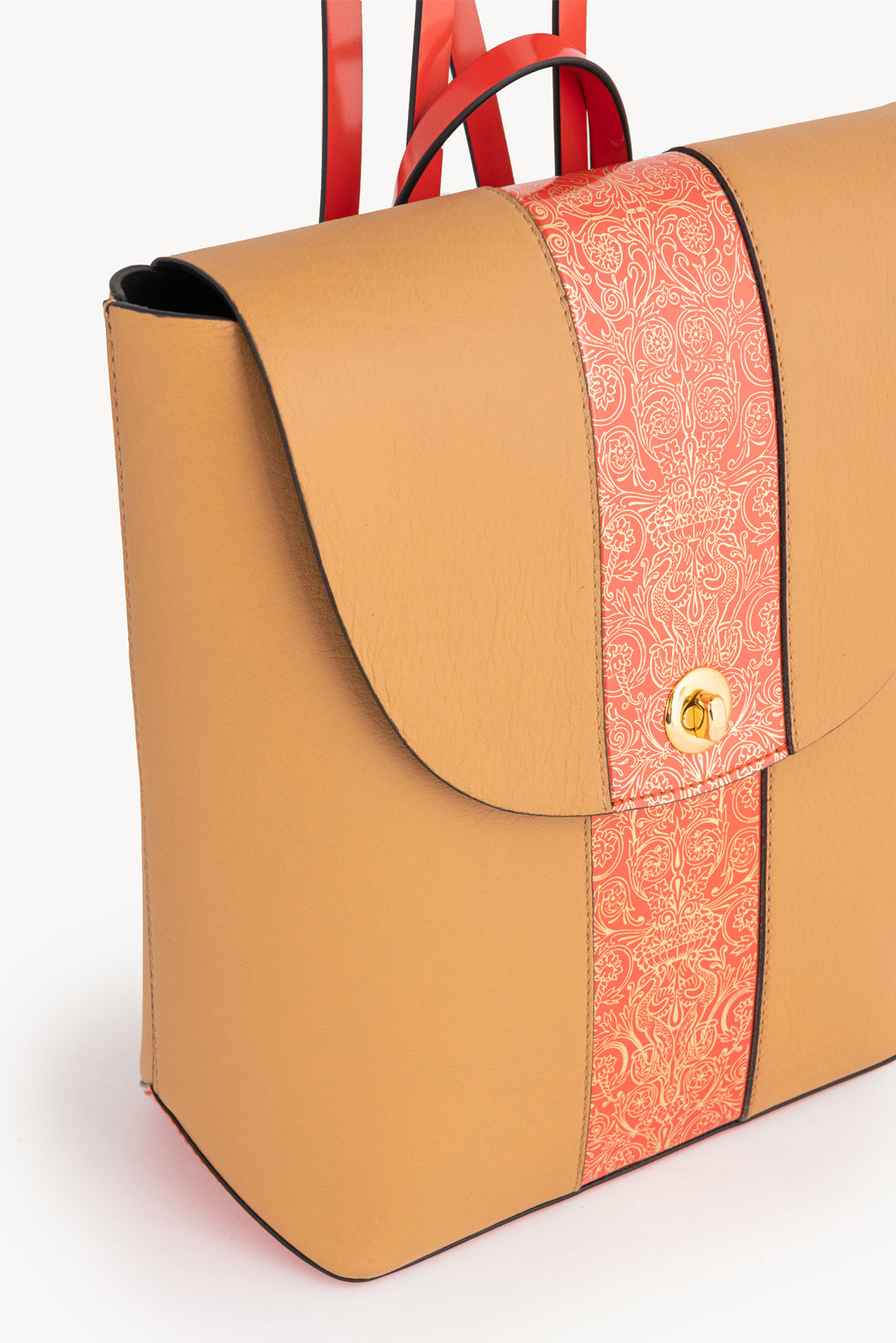 Backpack in leather with flap - Beige and Orange